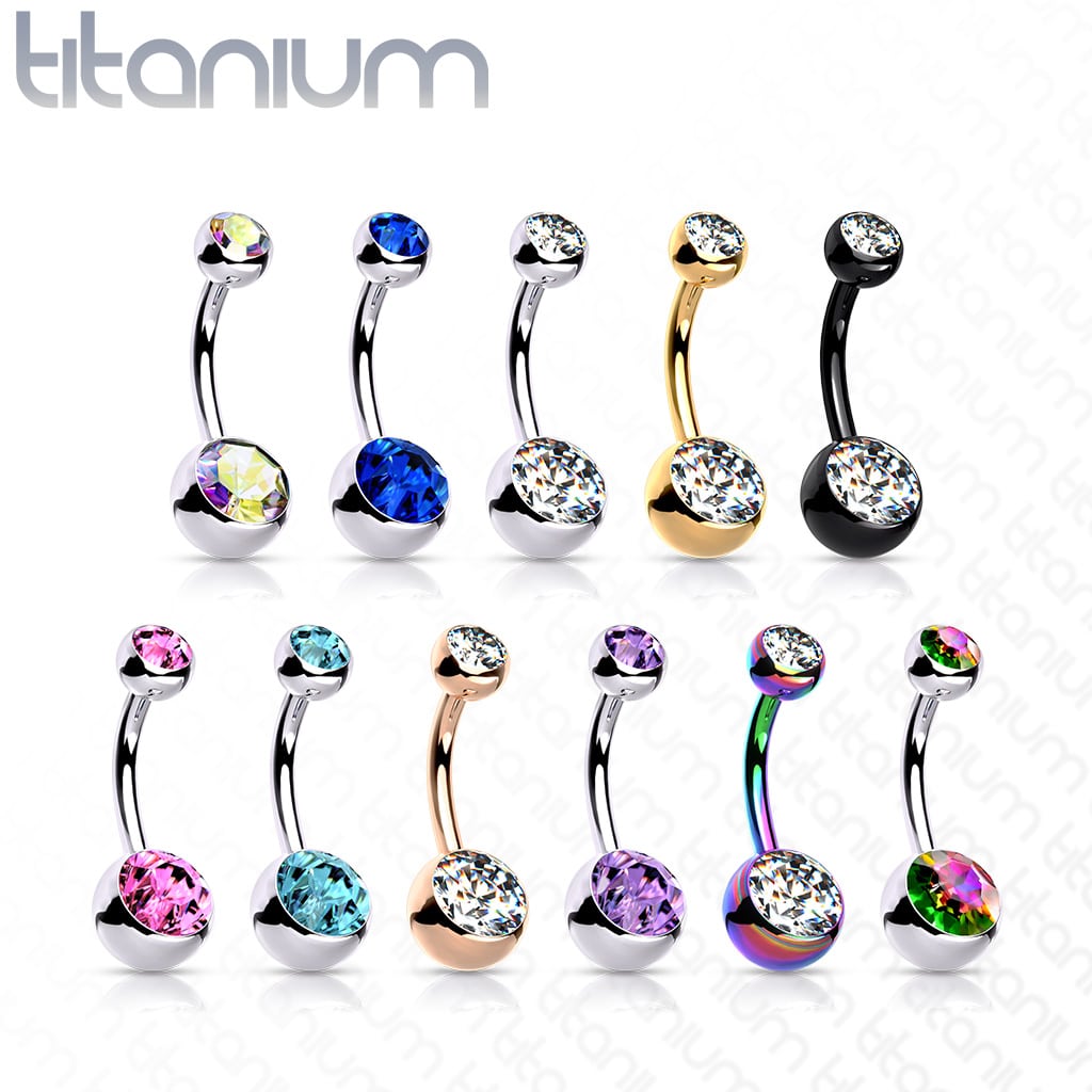 Titanium navelpiercing met dubbele steen in verschillende kleuren met intern schroefdraad - Afbeelding 2