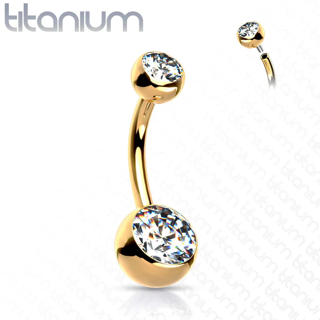Titanium navelpiercing met dubbele steen in verschillende kleuren met intern schroefdraad - Afbeelding 8