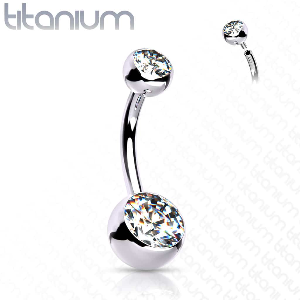 Titanium navelpiercing met dubbele steen in verschillende kleuren met intern schroefdraad - Afbeelding 12
