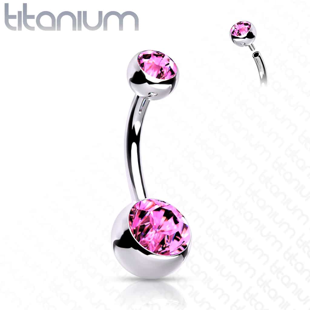 Titanium navelpiercing met dubbele steen in verschillende kleuren met intern schroefdraad - Afbeelding 15