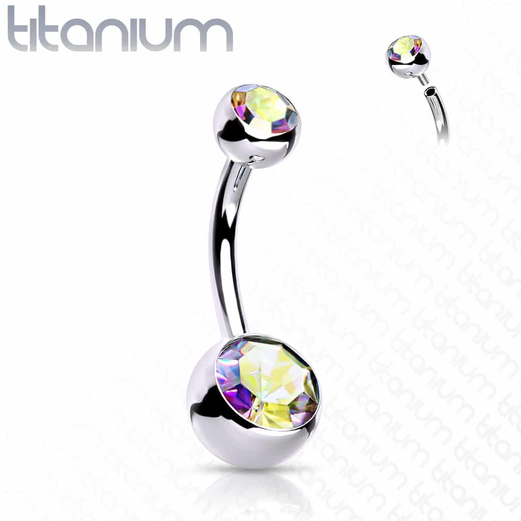 Titanium navelpiercing met dubbele steen in verschillende kleuren met intern schroefdraad - Afbeelding 17