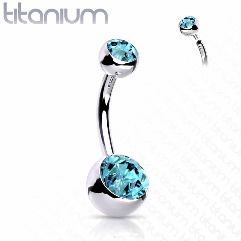 Titanium navelpiercing met dubbele steen in verschillende kleuren met intern schroefdraad - Afbeelding 21