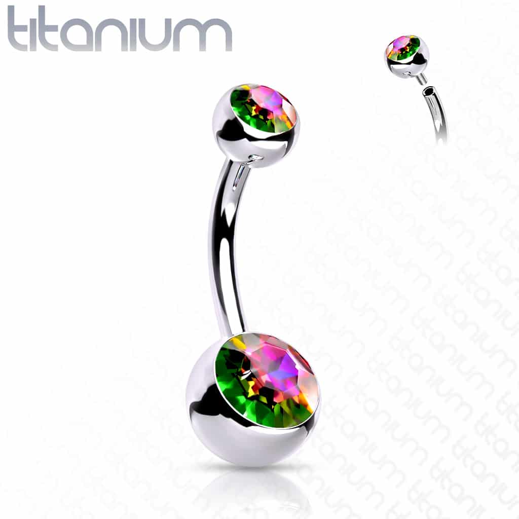 Titanium navelpiercing met dubbele steen in verschillende kleuren met intern schroefdraad - Afbeelding 24